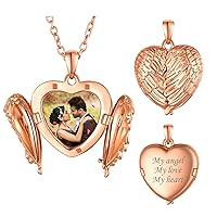 Personalized Heart Photo Angel Wings Locket Necklace Sterling Silver/Stainless Steel/18K Gold Plated Dainty Custom Full Color Picture Pendant Memorial Jewelry Gift for Girls Family + Gift Box