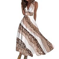 Summer Dresses for Women 2024,Women's Long Maxi Dress Casual Sleeveless V Neck Boho Dress Summer Waist Retro Print Dress