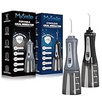 MySmile Powerful Cordless 350ML Water Flosser Portable OLED Display Oral Irrigator Teeth Cleaner Black and Gray Combo with 5 Pressure Modes 8 Replaceable Jet Tips and PU Storage Bag