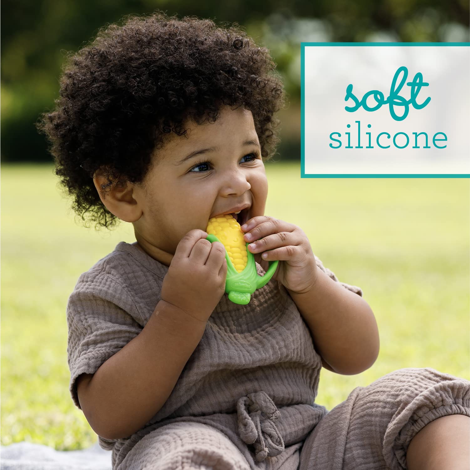 Infantino Lil' Nibbles Textured Silicone Teether - Sensory Exploration and Teething Relief with Easy to Hold Handles, Corn