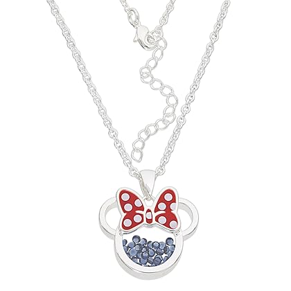 Disney Women and Girls Birthstone Jewelry - Minnie Mouse Cubic Zirconia Shaker Pendant Necklace, Silver Plated, 18+2