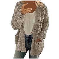 Women's Fuzzy Fleece Sherpa Jackets Retro Single Breasted Long Sleeve Casual Coats Solid Color Cardigans Outerwear