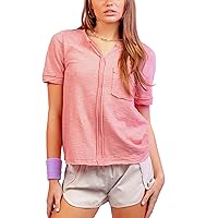 Women's Casual T Shirt - Short Sleeve Raw Edge Slub Jersey V-Neck Summer Top with Chest Pocket