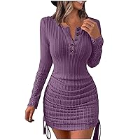 Fall Dresses for Women 2023 Ribbed Button Henley Shirts Bodycon Dress Sexy Hollow Long Sleeve Ruched Drawstring Mini Dress