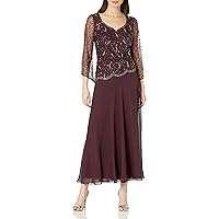 J Kara Women's 3/4 Sleeve Mock 2 Piece Asymetrical Scallop Beaded Long Dress