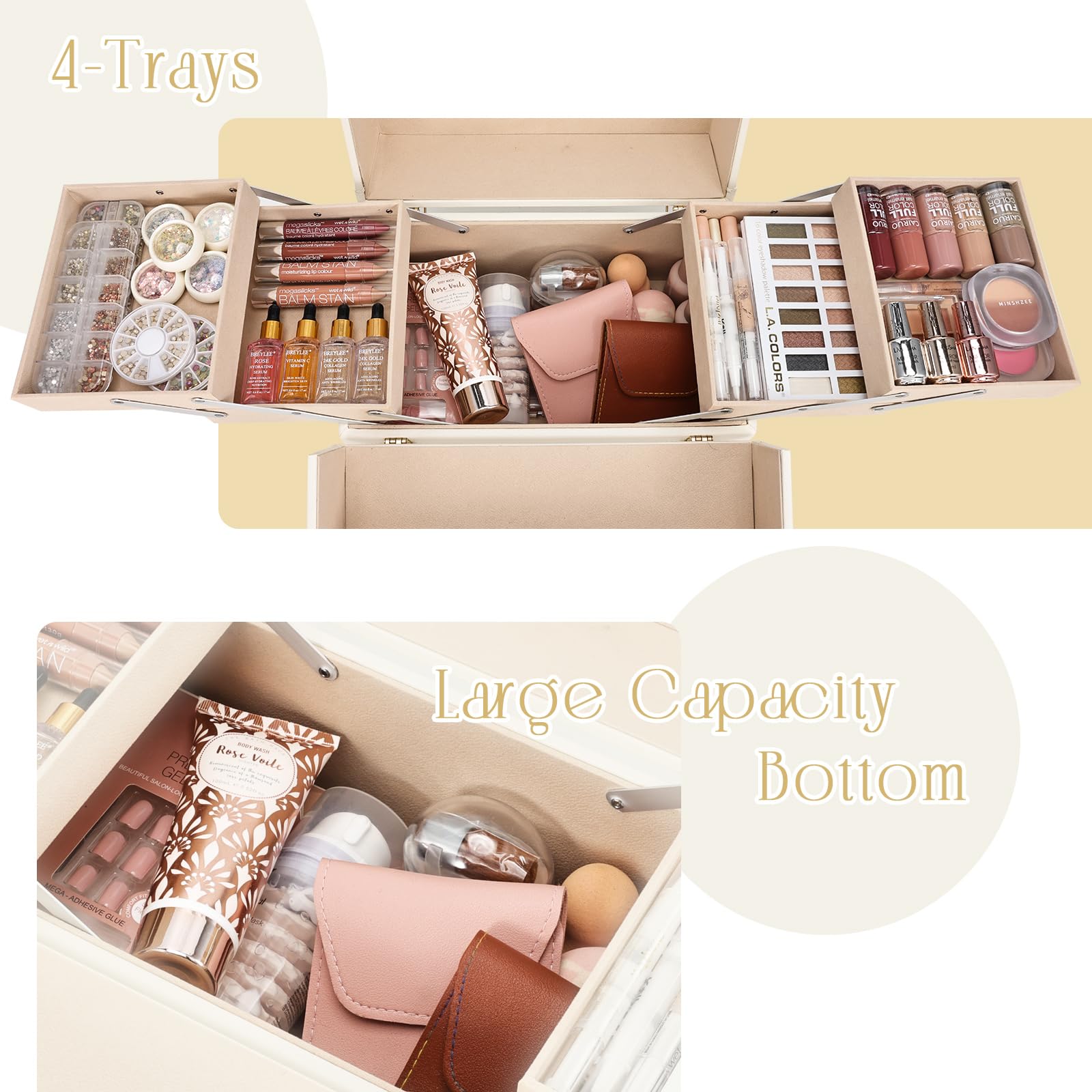 Joligrace Makeup Train Case Large Portable Cosmetic Makeup Storage Box Organizer Lockable with 4 Tray Compartments Retro Champagne Beige Vegan Leather