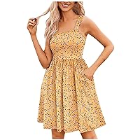 Sleeveless Floral A-line Dress for Women Casual Summer Cute Swing Dress Square Neck Boho Mini Sundress with Pocket