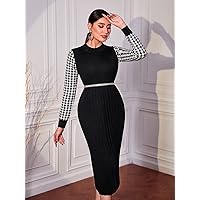 TLULY Sweater Dress for Women 2 in 1 Houndstooth Sleeve Sweater Dress Without Belt Sweater Dress for Women (Color : Black, Size : Medium)