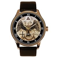 32nd Degree Masonic Southern States Lodge Downward Wings Eagle Parchment Art Solid Brass Freemasonry Men's Watch