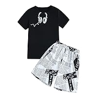 WDIRARA Boy's 2 Piece Outfits Newspaper Print Round Neck Short Sleeve Tee and Shorts Set