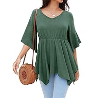 Women’s Casual 3/4 Bell Sleeve Tunic Tops Loose Fit V Neck Elastic Empire Waistline Babydoll Blouse Tops