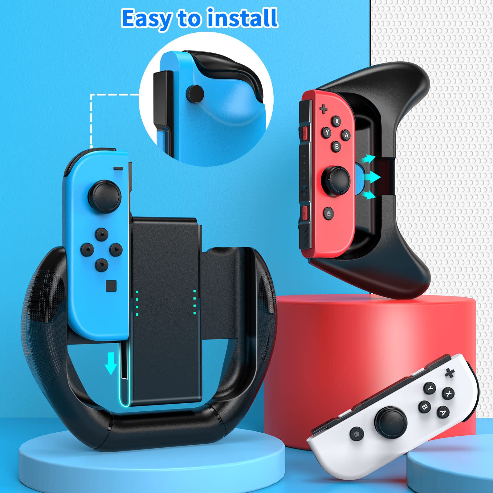 Mooroer Grip Compatible with Nintendo Switch & Switch OLED Joy-Con, Joy-Con Controller Comfort Grip Kit for Nintendo Switch Joy Con, Joy-Con Steering Wheel & Grips, 3 Pack [Black]
