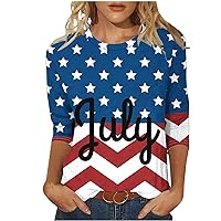 Women American Flag Print Pullover Summer 3/4 Sleeve Crewneck Patriotic Shirts 4Th of July Independence Day Tee Tops