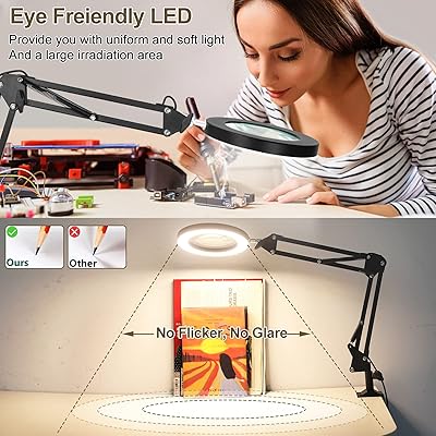 NOEVSBIG LED Magnifying Glass Desk Lamp with Clamp,3 Color Modes 10 Levels Dimmable Adjustable Swivel Arm for Reading Rework Craft Workbench