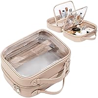 Clear Cosmetic Bag 2 Layer Travel Toiletry Bag Clear Makeup Bag Case with 4 Compartments, Transparent Travel Bag for Toiletries, Large Toiletry Bag for Women Cosmetic Case (Stone)