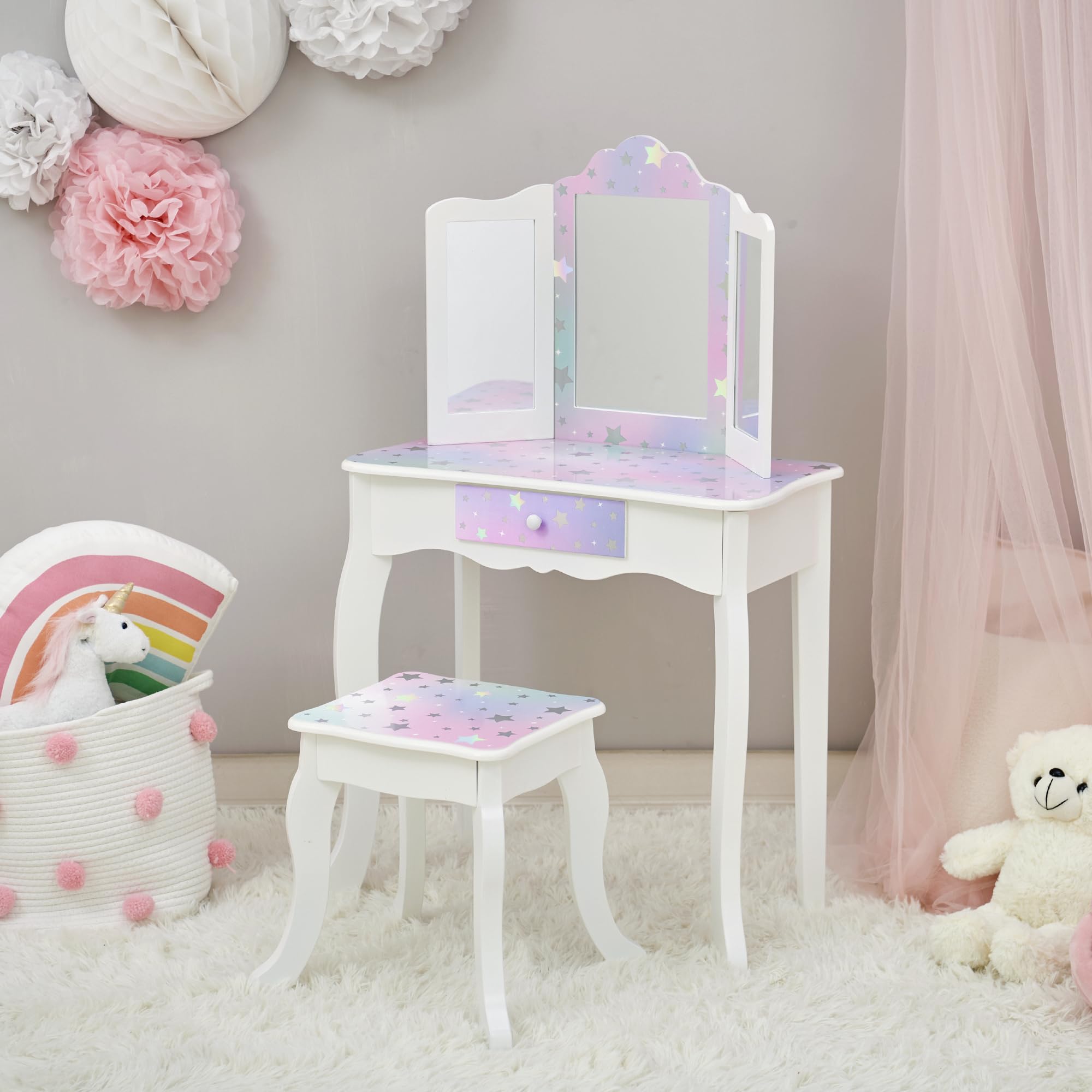 Teamson Kids - Pretend Play Kids Vanity, Table and Chair Vanity Set with Mirror Makeup Dressing Table with Drawer, Starry Sky Print Gisele Play Vanity Set, White/Lavender, Gift for Ages 3+
