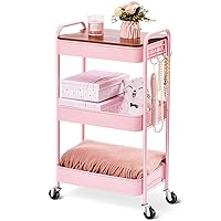 TOOLF 3 Tier Rolling Cart, Metal Utility Cart with Wheels & Wooden Top, Pink Organizer Cart, Rolling Craft Storage Cart, Serving Trolley Cart for Kitchen, Office, Bathroom, Kids' Room, Bedside