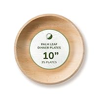 TCC - 10“ Large Palm Leaf Dinner Plates, 25 pcs, 1“ deep, round, Bamboo & Wood Style, Biodegradable, Single Use, Disposable, Usable for Hot Dishes