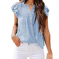 PRETTODAY Women's V Neck Lace Crochet Shirts Button Down Short Sleeve Casual Blouse Tops