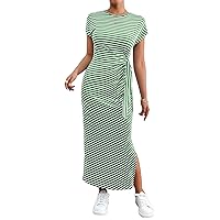 MakeMeChic Women's Striped Round Neck Short Sleeve Knot Split Thigh Summer Maxi Long Dress