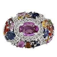6.83 Carat Natural Multicolor Sapphire and Diamond (F-G Color, VS1-VS2 Clarity) 14K White Gold Cocktail Ring for Women Exclusively Handcrafted in USA