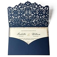 50Pcs Laser Cut Pocket Wedding Invitations with 2-Layers Gold Glitter Invitation Cards Navy Blue Luxury Invitation Cards for Wedding, Bridal Shower, Birthday Party, Blue Envelopes (Blue)