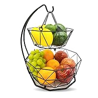 2 Tier Vegetable and Fruit Basket With Banana Hanger, Countertop Detachable Bowls, Black