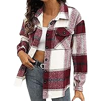 Plaid Shirts For Women Flannel Casual Lapel Button Down Wool Blend Long Sleeve Shacket With Pockets 2023 Fall Coats