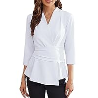 GRACE KARIN Women's 2024 Peplum Tops Dressy Wrap V Neck 3/4 Sleeve Work Blouse Solid Tie Waist Business Casual Shirts