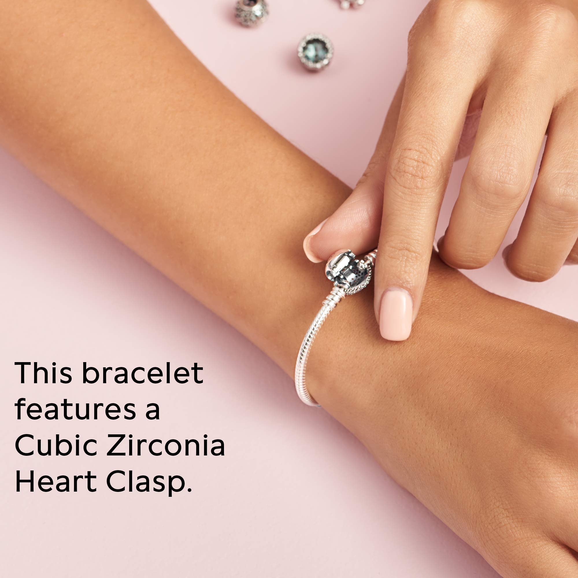 PANDORA Jewelry Moments Sparkling Heart Clasp Snake Chain Charm Cubic Zirconia Bracelet