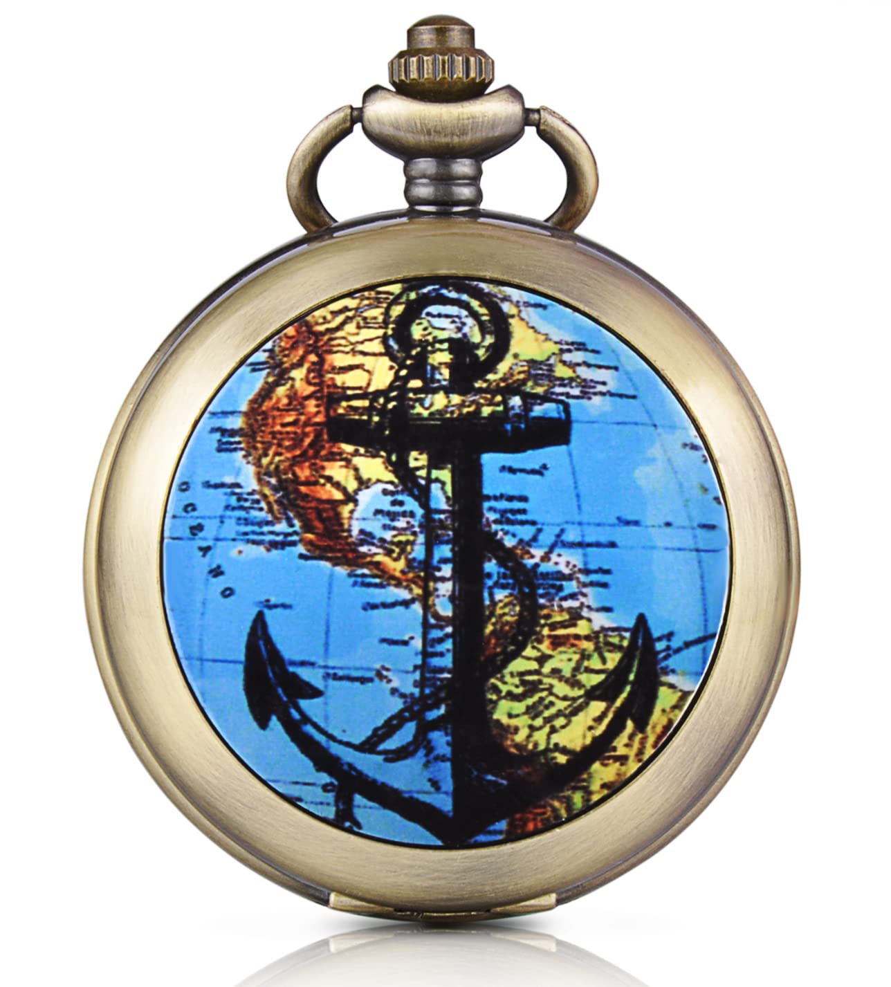 Infinite U World Map Anchor Skeleton Mechanical Pocket Watch Photo Locket Pendant Hand Wind Roman Numerals Black Dial Fob/Long Chain Sweater Necklace