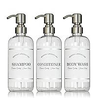 Clear Refillable Shampoo and Conditioner Bottles - Body Wash, Shampoo and Conditioner Dispenser - PET Plastic Shampoo Bottles Refillable with Pump - Waterproof Labels - 16 oz, 3 Pack (Stainless Steel)