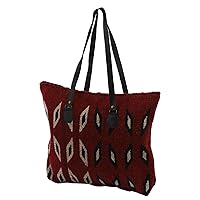 NOVICA Handmade Leather Accent Zapotec Wool Tote Crimson with Ivory Blue Diamonds Handbags Red Patterned Mexico 'Heartland'