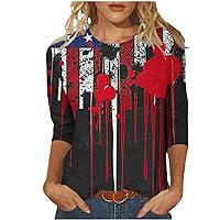 4th of July Shirt for Women American Flag Graphic 3/4 Sleeve Tops Independence Day Crewneck Blouse Summer Tunic Cotton Tshirt