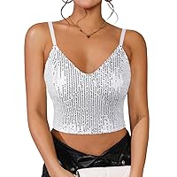 Womens Sparkly Sequin Top Spaghetti Strap Crop Top Glitter Sleeveless V Neck Vest Tank Tops Rave Disco Concert Outfit
