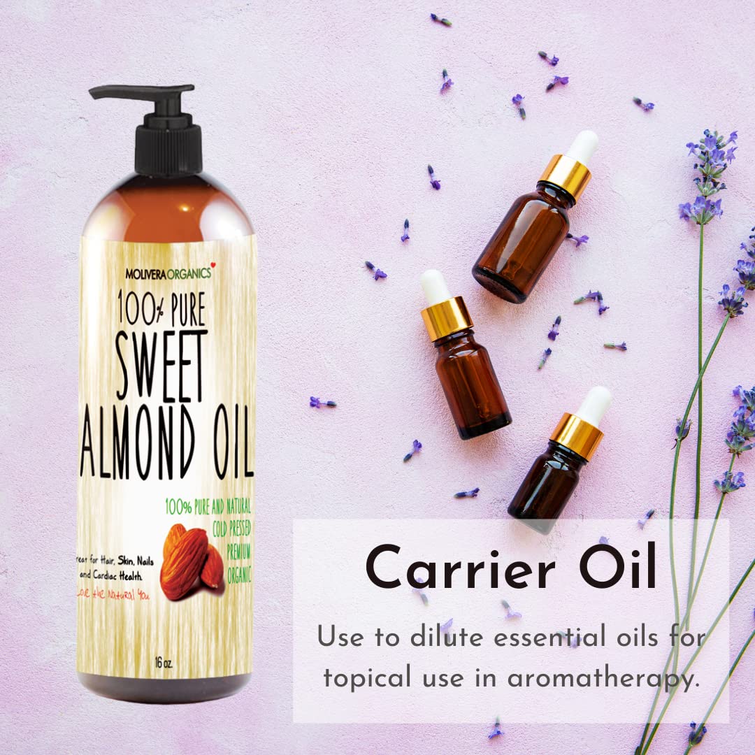 Molivera Organics Sweet Almond Oil 16 fl oz. 100% Pure and Natural, Cold Pressed Moisturizer for Skin and Hair