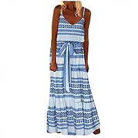 Womens Ethnic Style Belted Spaghetti Strap Maxi Dresses Plus Size Summer Ruffle Sleeveless V Neck Beach Sundress