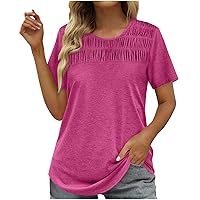 Womens Pleated Basic T Shirts Loose Fit Long Tops Tee for Women Short Sleeve Crewneck Summer Fall Shirts 2024 Y2K