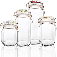Circleware Vegetable Decal Glass Canisters Shaped with Ceramic Lids, Set of 4 Kitchen Glassware Food Beverage Preserving Containers for Coffee, Sugar, Tea, Spices, Cereal, 66 oz, 49 oz, 30 oz, 22 oz