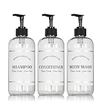 Clear Refillable Shampoo and Conditioner Bottles - Body Wash, Shampoo and Conditioner Dispenser - PET Plastic Shampoo Bottles Refillable with Pump - Waterproof Labels - 16 oz, 3 Pack (Black Plastic)
