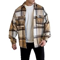COWOKA Men's Casual Warm Plaid Wool Blend Jacket Fleece Relaxed Fit Button Up Long Sleeve Shacket Shirt Coat