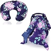 Peekaboo OpeningCar Seat Cover for Babies & Nursing Pillow Cover, Purple Flower Car seat Canopy for Boys Girls, Breastfeeding Pillow Slipcover, Soft Fabric Fits Snug On Infant