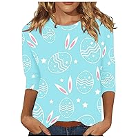 Workout Tops for Women Happy Easter T-Shirt 3/4 Sleeve Blouse Cute Bunny Eggs Print Graphic Tees Crew Neck Casual Shirts