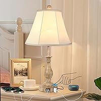 Farmhouse Table Lamp Touch Control 3-Way Dimmable, Modern Nightstand Lamp with 2 USB Port Bedside Desk Lamp with Fabric Shade for Living Room Bedroom Hotel (Pack-01)