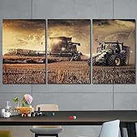 DOLUDO 3 Pieces Farm Tractor Combine Agriculture Canvas Wall Art Painting Modern Farmhouse Home Decor With Inner Frame