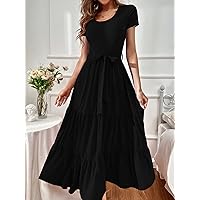 Dresses for Women -Line Belted Ruffle Hem Dress (Color : Black, Size : X-Small)