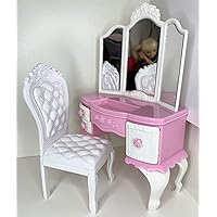 1:6 Dollhouse Furniture Pink White Vanity Set with Chair & Mirror for 11.5