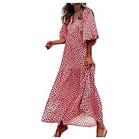 Women's Dresses 2024 Casual Half Sleeve Boho Dresses Swing Floral-Printed Holiday Cocktail Party Maxi Dresses, S-XL
