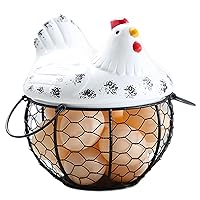 Egg Basket for Gathering Fresh Eggs Holds 15 Eggs Rustic Cute Chicken Egg Holder with Lid and Handle Decorative Iron Multipurpose Kitchen Egg Storage, White