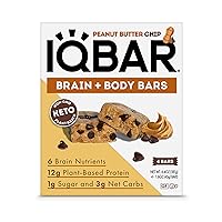 IQBAR Brain and Body Keto Protein Bars - Peanut Butter Chip Keto Bars - 4 Count Energy Bars - Low Carb Protein Bars - High Fiber Vegan Bars and Low Sugar Meal Replacement Bars - Vegan Snack